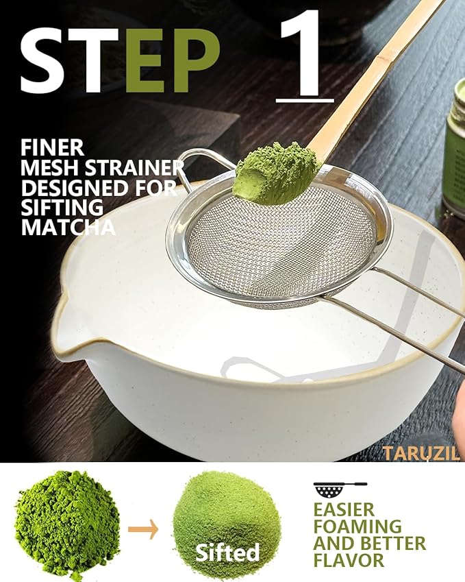 Matcha Whisk Set with Matcha Bowl, Matcha Bamboo Whisk, Scoop, Sifter, Matcha Set Holder Unique Gifts for Women Men Girl Friend Home Kitchen Decor Gifts for Christmas, Birthday(White)