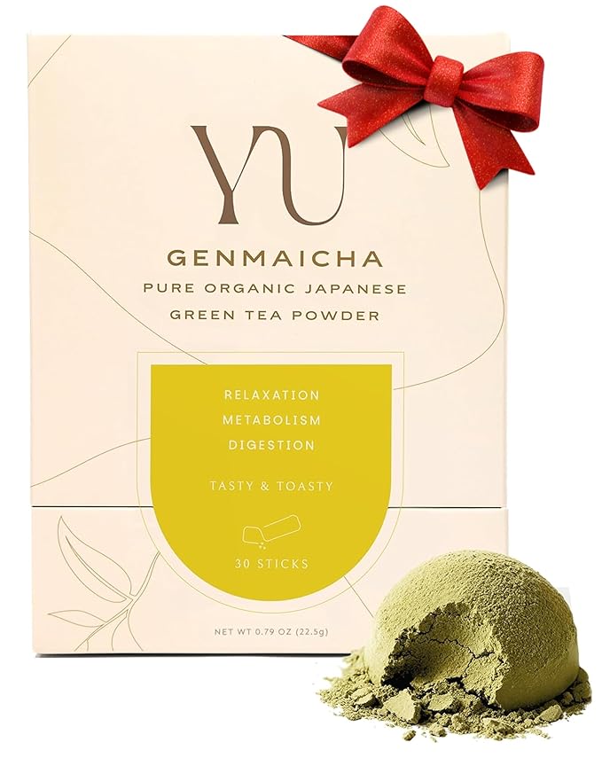 Yu Tea Organic Genmaicha Green Tea Powder, 30 Instant Packets | Japanese Green Tea & Roasted Brown Rice | Low Caffeine & Unsweetened | Relaxation, Antioxidants & Digestion | Single Serve Sticks