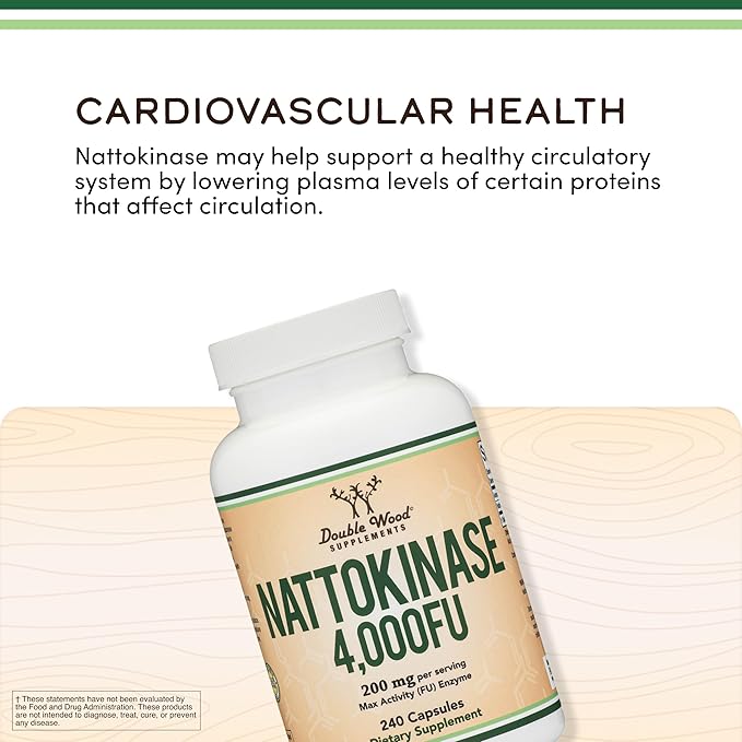 Nattokinase Supplement 4,000 FU Servings, 240 Capsules (Derived from Japanese Natto) Systemic Enzymes for Cardiovascular and Circulatory Support by Double Wood
