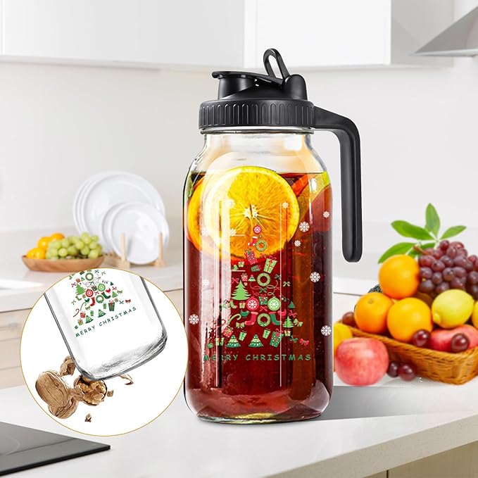 Breast Milk Pitcher Glass Pitcher with Lid, 64 oz 2 Quart Mason Jar Pitchers with Lid and Spout, Wide Mouth Glass Jug Sun Tea Pitchers, Cold Brew Coffee pitcher, Fridge Container for Water-Christmas