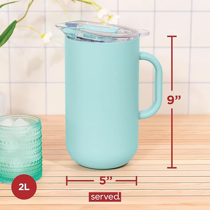 Served Premium Insulated Pitcher (2L/66oz) - Double Walled, Copper Lined Stainless Steel Pitcher with Lid - Vacuum Insulated Carafe for Hot Coffee, Tea, Iced Drinks, Water, Cocktails, and More