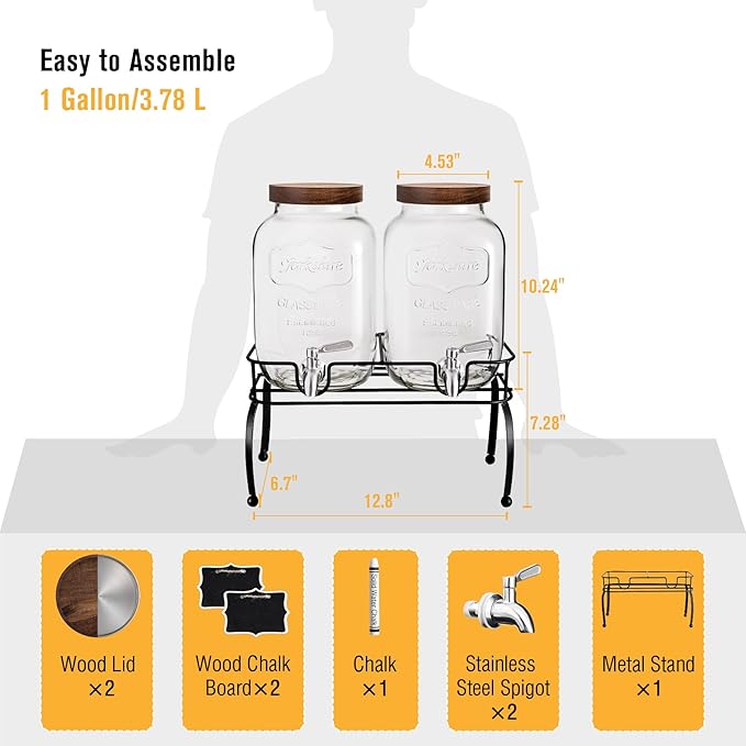 mustry Glass Drink Dispenser for Parties, 1 Gallon Beverage Dispenser with Stand and Spigot Solid Stainless Steel, Used as Lemonade Dispenser Sun Tea Jar Kombucha Jar, Set of 2