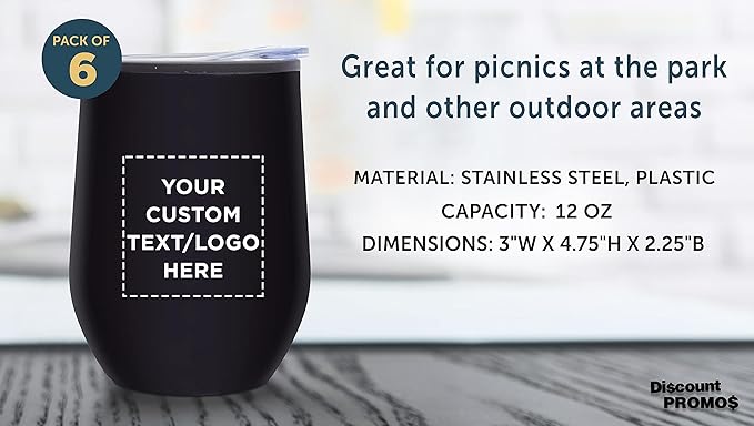 Custom Stemless Wine Tumblers 12 oz. Set of 6, Personalized Bulk Pack - Insulated, Perfect for Wine, Cocktails, Other Hot & Cold Beverages - Black