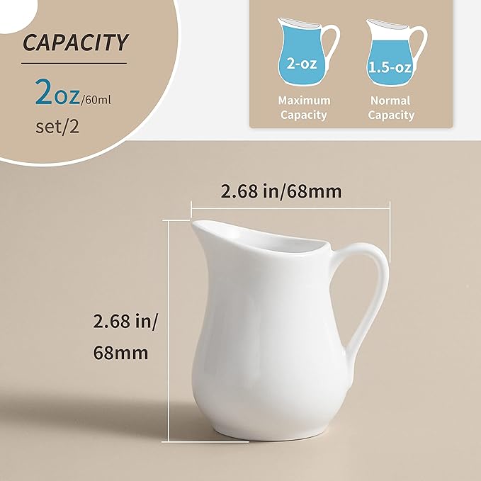 Gurygo 2 Oz (Set/2) Creamer with Handle,Small Classic White Fine Porcelain Creamer Pitcher, Small Milk Pitcher for Coffee Milk sauce - Microwave & Freezer Safe