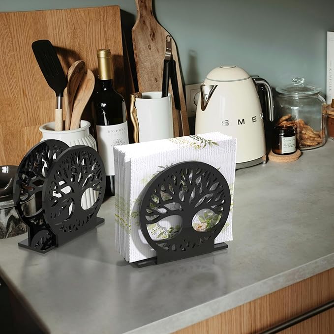 Napkin Holder, 2 PCS Black Acrylic Napkin Holder for Table, Standing Paper Napkin Dispenser for Kitchen Home Tree Design Guest Towel Holder for Coffee Shop Dining Table Decor (2pcs Tree-Shaped)