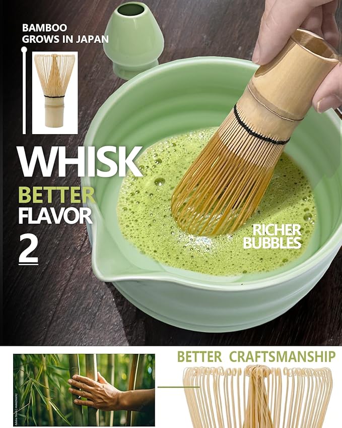 Matcha Whisk Set with Matcha Bowl, Matcha Bamboo Whisk, Scoop, Sifter, Matcha Kit Holder Unique Gifts for Women Men Girl Friend Home Kitchen Decor Gifts for Christmas, Birthday（Light Green）