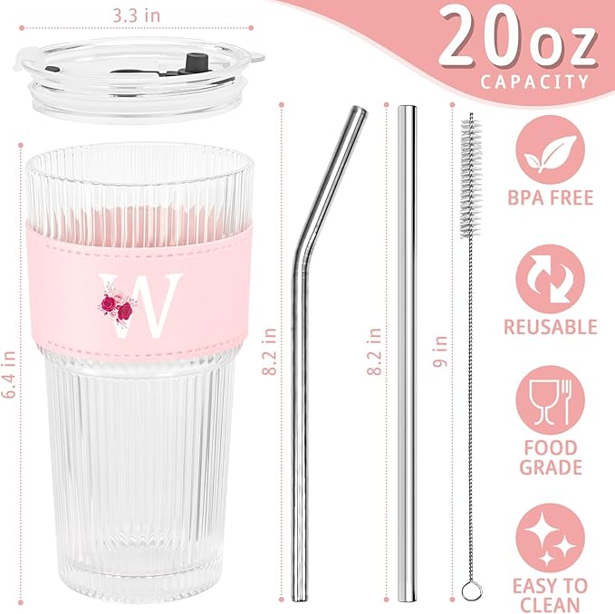 Personalized Gifts for Women,20oz Ribbed Glass Tumbler,Monogrammed Gifts for Women,Birthday Gift,Ice Coffee Mug,Christmas Gift for Mom Sister-W