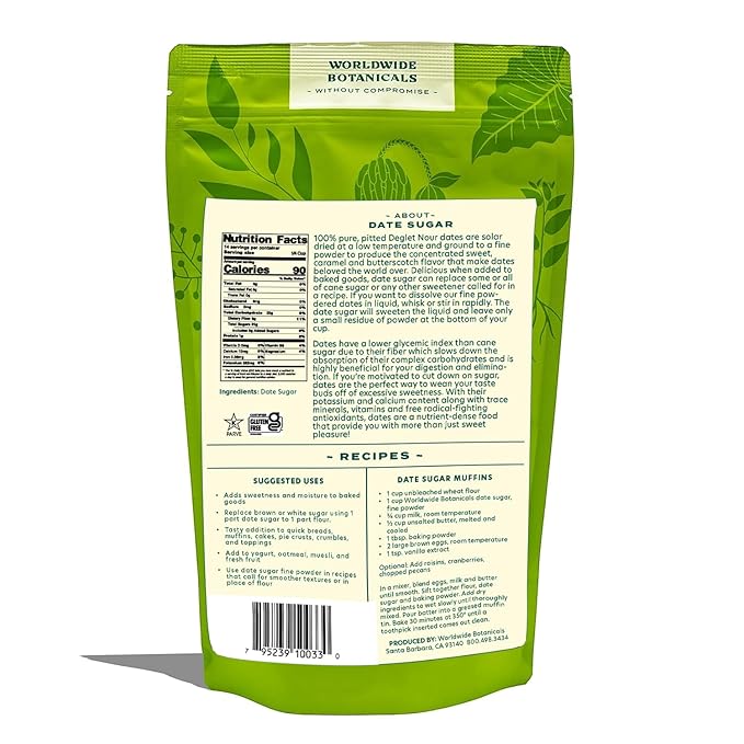 Worldwide Botanicals Date Sugar Fine Powder - 1 lb - 100% Pure Dried Dates, Natural Whole Food Sweetener for Baking, Nutrient Rich with Fiber, Gluten-Free - 16 ounces