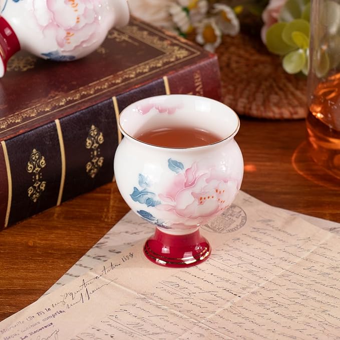 KAMMAK Tea Cup Set of 2 Small Tea Cups 2.8oz Floral Porcelain Tea Cup Set, Asian Ceramic Teacups for Home, Party, Office, Chinese Kung Fu Tea Set for Hot/Cold Drink