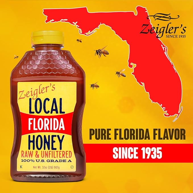 Zeigler's Florida Local Honey, 32 Oz – 100% Pure, Raw & Unfiltered Honey – All-Natural, Packed with Nutrients – Great with Tea, Yogurt, Cottage Cheese, Sandwiches, Smoothies