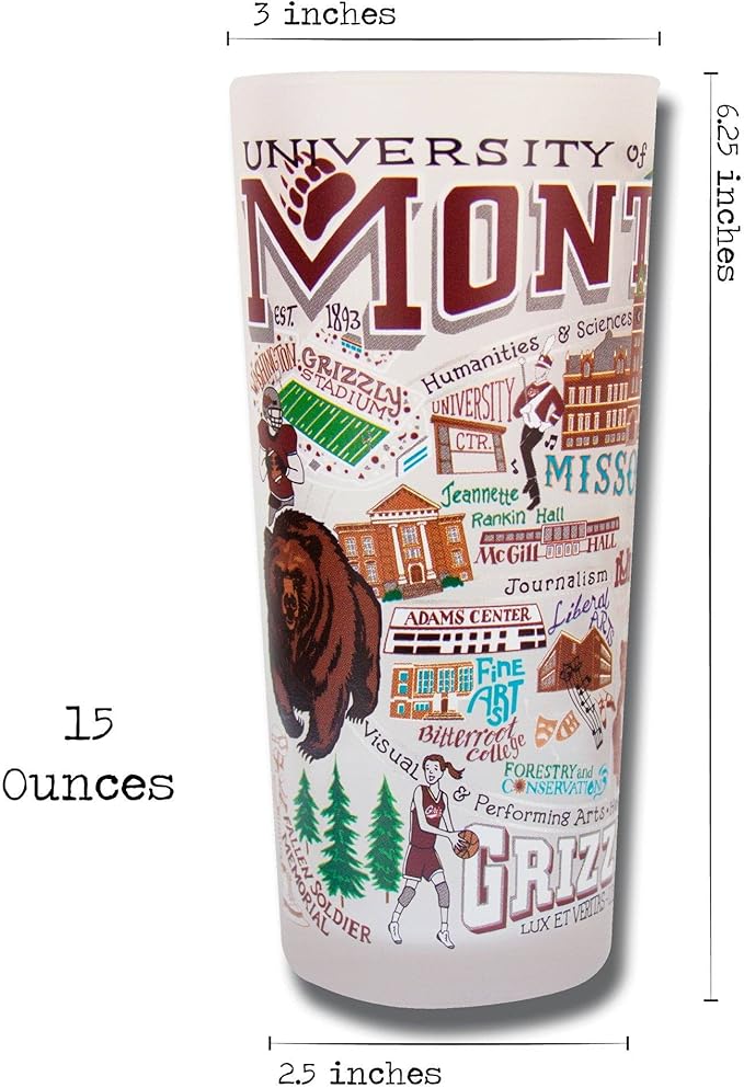 Catstudio Drinking Glass, University of Montana Glass Cup for Kitchen, 15oz Dishwasher Safe Tumbler for UM Alumni