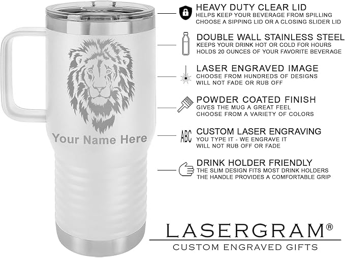 LaserGram 20oz Vacuum Insulated Travel Mug with Handle, Tiki Statue, Personalized Engraving Included (White)