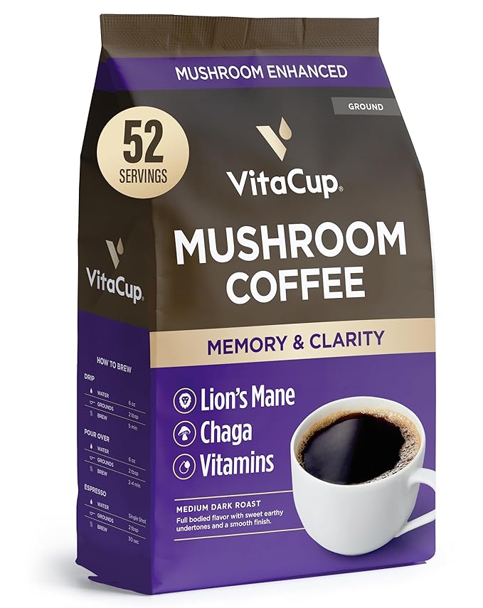VitaCup Focus Mushroom Coffee Grounds, with Lions Mane, Chaga, B Vitamins, D3, Boost Focus, Immunity, Memory & Clarity, Medium Dark Roast, 100% Arabica Specialty, 20oz, 52 Servings