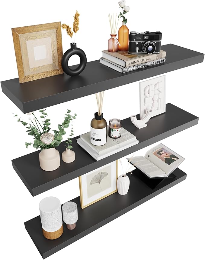 Colima Bathroom Floating Shelves for Wall, 36" Floating Wall Mounted Shelf, Rustic Wood Hanging Shelf for Home Organization, Bathroom, Kitchen, Living Room (Set of 3, Black)