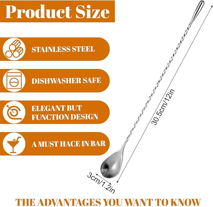 12 Pcs 12 Inches Bar Spoons Stainless Steel Mixing Spoons Spiral Pattern Long Drink Stirrer for Cocktail Shaker, Silver
