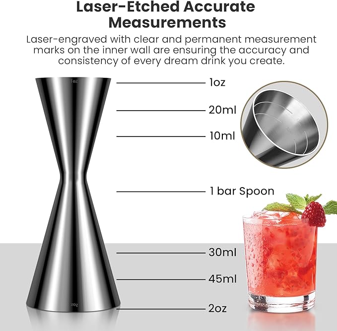 Professional Bartender Jigger, Thickened 18/8 Stainless Steel Japanese Style Double Jigger with Laser Etched Measurements, No Curled Lip Design,for Home & Bar Use (1oz/2oz, 10ml/20ml/30ml/45ml)