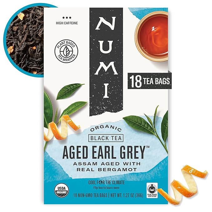 Numi Organic Aged Earl Grey Tea, 18ct Black Tea Bags, Flavorful Assam Aged Tea with Real Bergamot