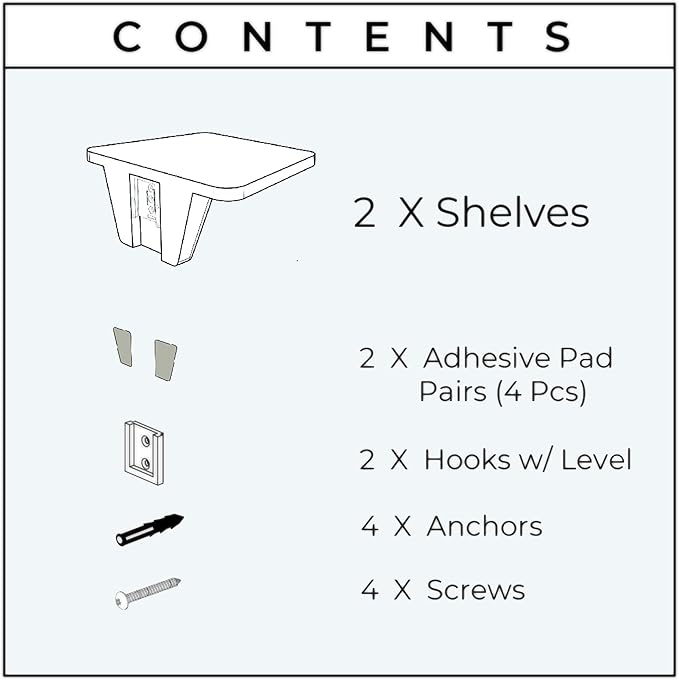 White Small Floating Shelf Set of 2 - for Wall with No Drill Option [ Adhesive ]