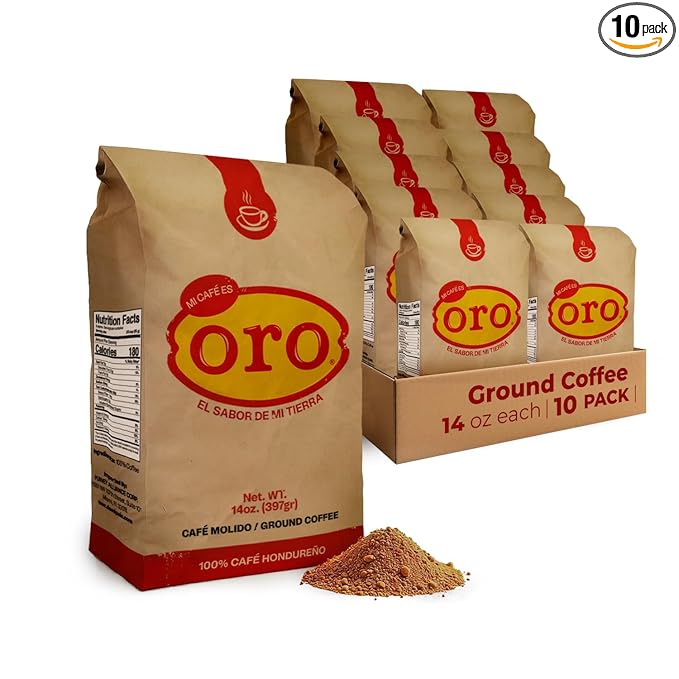 Mi cafe es ORO – Ground Coffee 100% Honduran Dark Roast; Exotic Flavor; Smooth Aroma; Ideal for Drip Coffee, Espresso, or French Press Brewing – Freshly Packed Coffee Bags – 14 Oz | 10-Pack