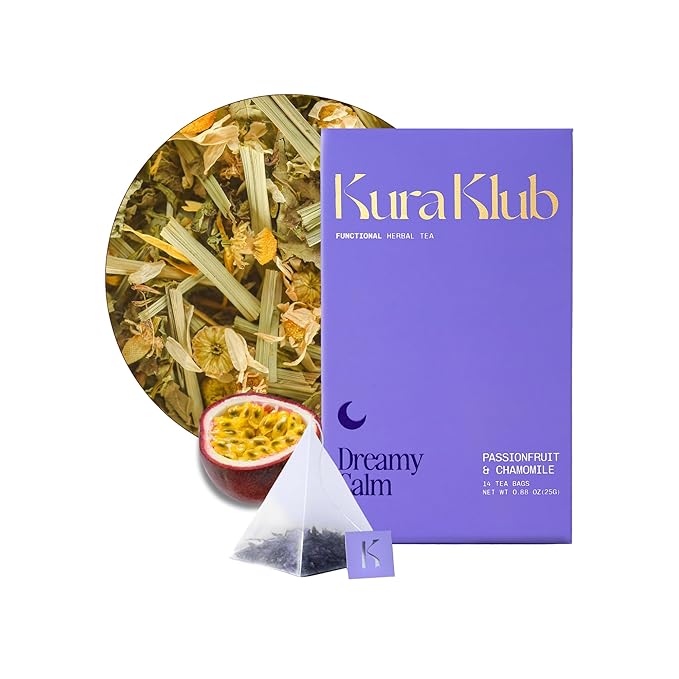 Kura Klub Nighttime Sleep & Relaxation Tea — Chamomile & Passion Fruit Herbal Blend for Stress-Free Evenings, Beauty & Digestion Support — Caffeine-Free, No Microplastics — 14 Biodegradable Teabags