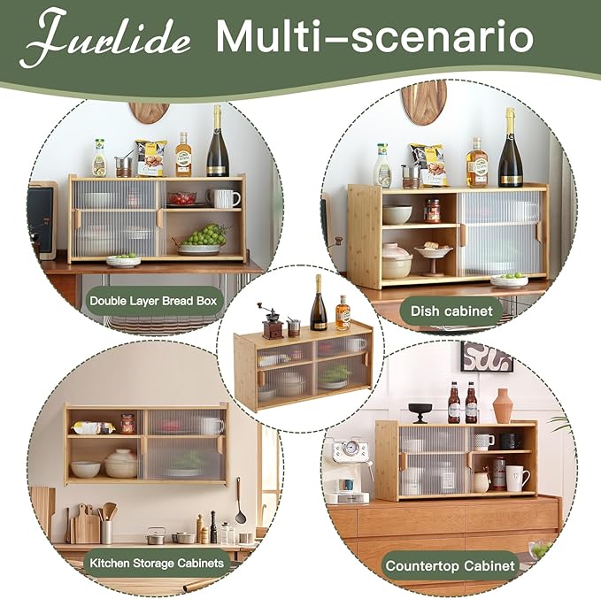 Wall Mounted Bamboo Countertop Storage Cabinet with Glass Door, Hanging Kitchen Cupboard with Adjustable Shelves, Small Pantry Sideboard for Dining Room, Bathroom, Wood