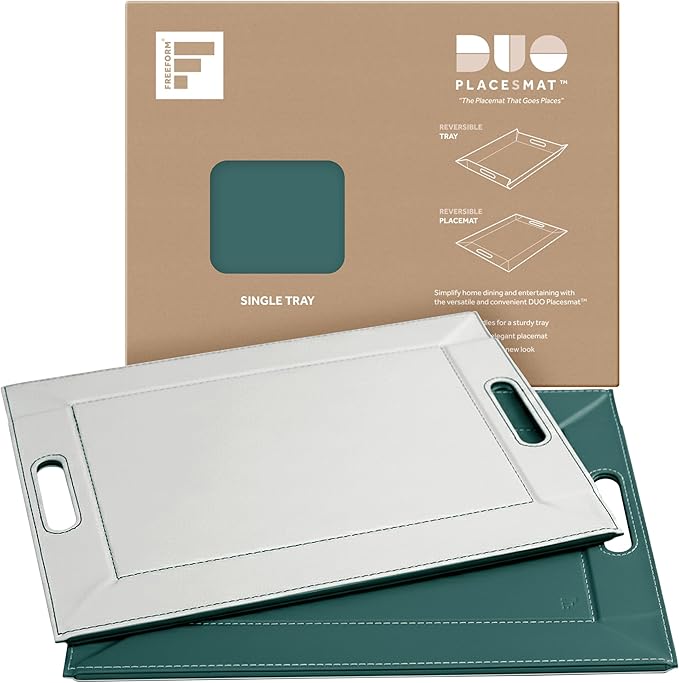 PLACEsMAT 2-in-1 Faux Leather Placemat & Serving Tray | Reversible Design, Lays Flat & Easy to Clean | Ottoman Food Tray, Perfect Housewarming Gift, 18” x 14” (Soft Teal & White, Single)