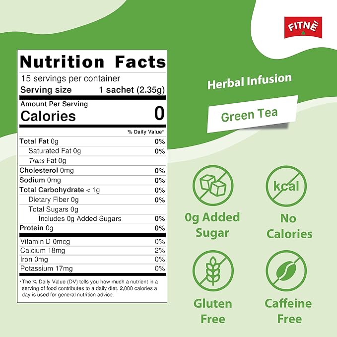 FITNÈ Green Tea Herbal Honey Lemon With Garcinia Senna Infusion Gentle Detox Cleanse High Antioxidant No Calories Stevia Sweetener, 15 Tea Bags