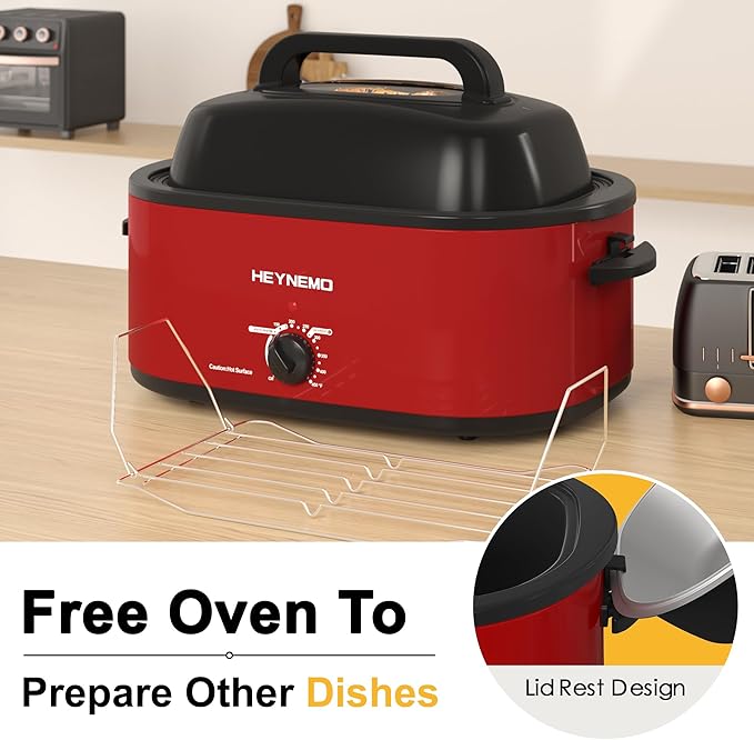 24QT Electric Roaster Oven, Electric Turkey Roaster with Viewing & Self-basting Lid, Stainless Steel Turkey Roaster Oven, RED
