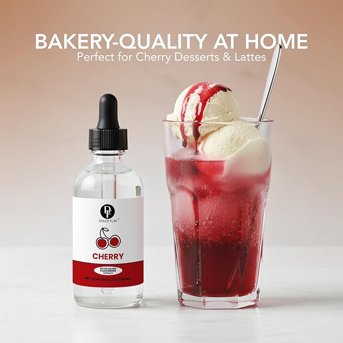 Dolce Flav Natural Cherry Extract – 2 oz Water-Soluble Pure Cherry Flavoring Drops for Baking, Drinks & Desserts | Highly Concentrated | Sugar Free | Allergen Free | Made in USA