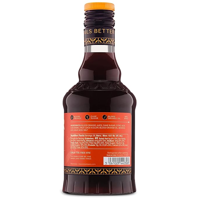 Liber & Co. Blood Orange Cordial - Craft Cocktail Mixer Made with California Moro Blood Oranges & Cold-Pressed Essential Oil - Perfect for Margaritas, Spritzes & Mocktails - Makes 25 Drinks (12.7 oz)