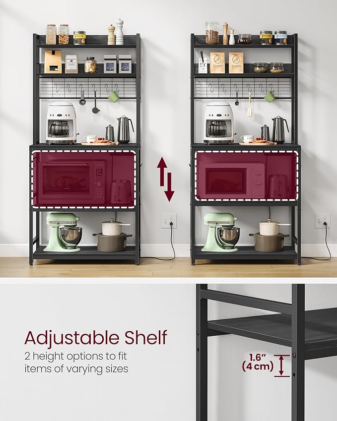 VASAGLE Bakers Rack with Power Outlet, Microwave Stand, Kitchen Tall Utility Storage Shelf, with Metal Wire Panel, 14 Hooks, 15.7 x 31.5 x 66.9 Inches, Charcoal Gray and Ink Black UKKS025B22