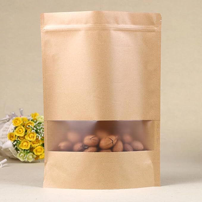 100pcs Kraft Bags with Window Zipper Lock Stand Up Bulk Pouches Resealable 10x14in