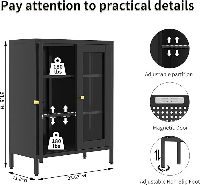Black Metal Storage Cabinet with Glass 2 Doors - 31.5''H Bathroom Floor Storage Cabinet, 3 Tier Locker with Adjustable Shelves,Bathroom Cabinet for Office, Home, Living Room, Kitchen