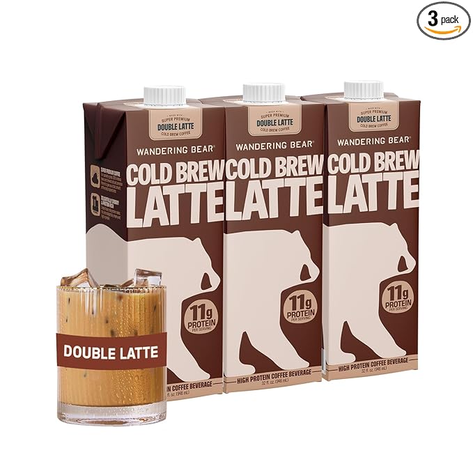 Wandering Bear Double Latte Organic Cold Brew Coffee — 32 fl oz, 3 pack - Creamy High-Protein Cold Brew Latte, 11 g Protein, Only 100 Calories, 5 g Sugar, Double Shot Strength (Shelf-Stable)