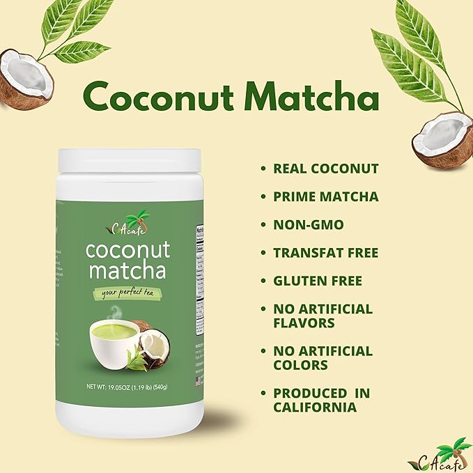 CAcafe Coconut Matcha | Instant Japanese Health Drink | Creamy & Sweet | Hot or Iced Green Tea Latte Mix | New Look, Reduced Sugar | Non-GMO | No Artificial Flavors or Colors | 2-Pack
