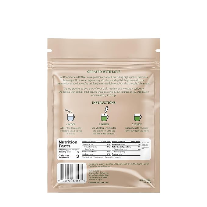 Chamberlain Coffee Vanilla Matcha Powder - Ceremonial Grade Matcha Powder with Madagascar Vanilla, Gluten-Free Flavor for Hot and Iced Drinks, Made with Premium Organic Ingredients - 1.06 Oz Pouch