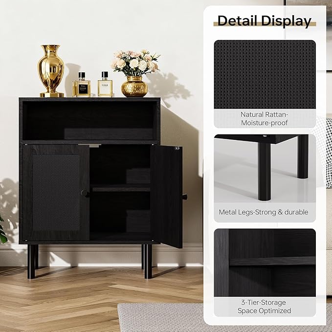 Rattan Storage Cabinet, Boho Accent Cabinet with Double Doors, Small Freestanding Sideboard for Hallway, Laundry Room,Kitchen, Dining Room, Entryway(Black)