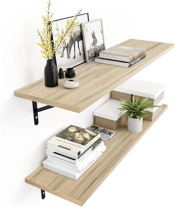 Kaboon 36 inch Long 10 inch Deep Floating Shelves for Wall Set of 2, Large Open Shelves Wall Mounted, Space Saving Home and Commercial Use, Oak/Grey Tone