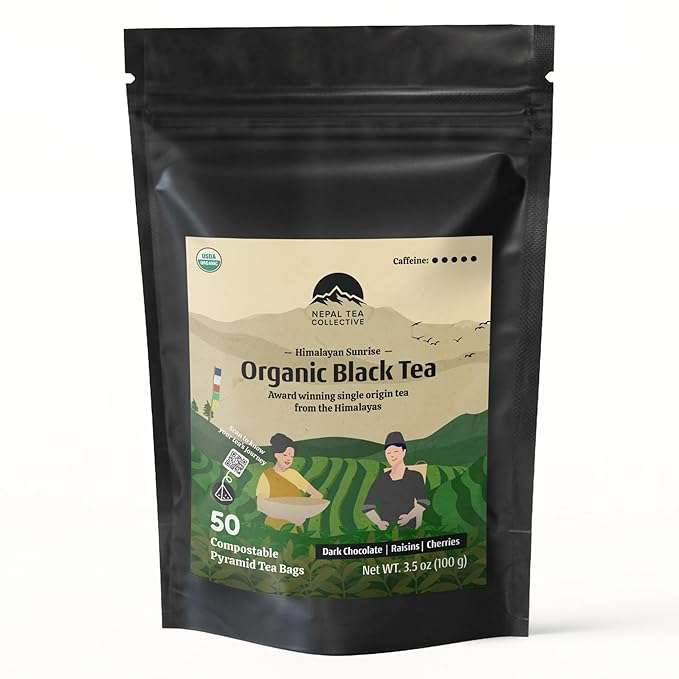 NEPAL TEA Organic Black Tea Bags from the Himalayas - 50 Pyramid Tea Bags in a Resealable Pouch - Single Origin from a Family Farm - Black Tea Bags with Loose Leaf Tea Inside (Himalayan Sunrise)