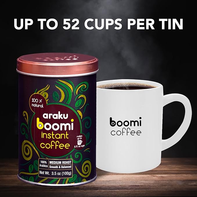 Boomi Premium Single Origin Instant Coffee Powder - Medium Roast, 100% Arabica, Mold & Mycotoxin Free, Low Acid - 3.5oz Tin (1 Pack)