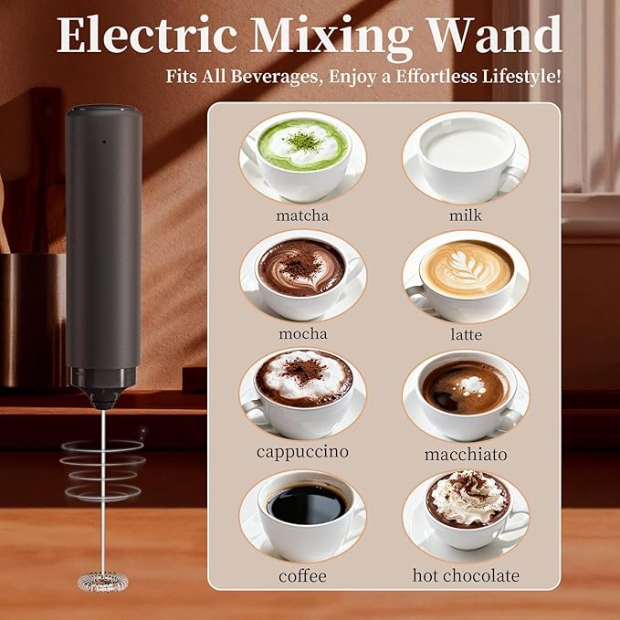 Rechargeable Electric Milk Frother with Type-C Cable, Portable Black Drinking Mixer with Dust Cover,Stirrer Tool for Kitchen, Office,Outdoor