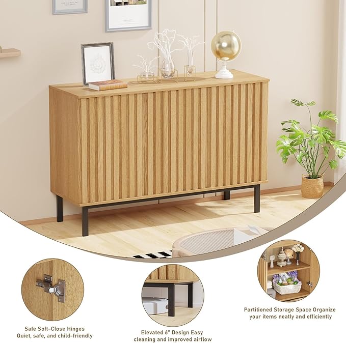 Garvee 47.2 Inch Sideboard Buffet Cabinet with Fluted Doors, Modern Wood Storage Cabinet with Adjustable Shelf, Freestanding Coffee Bar for Dining Room Living Room
