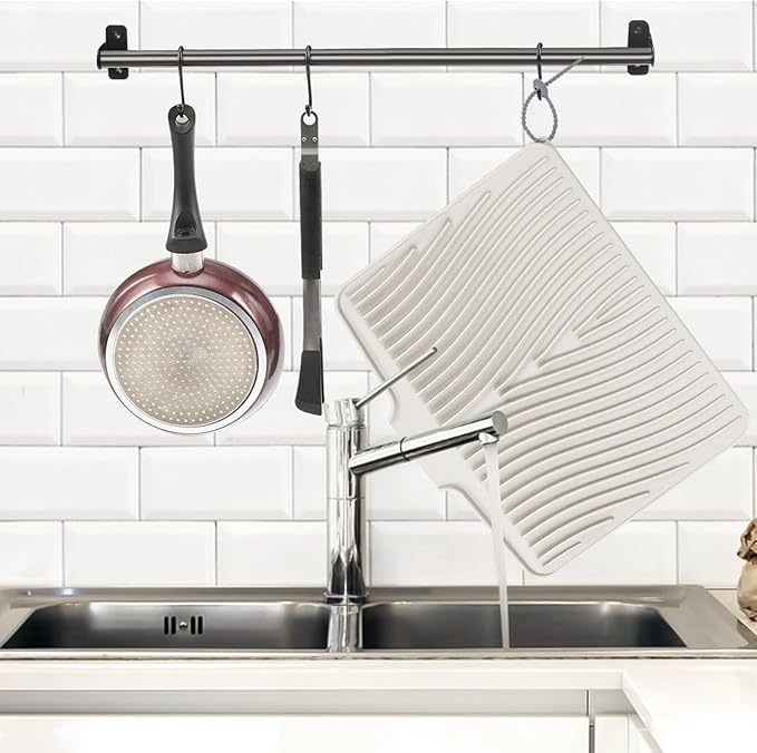 Silicone Dish Drying Mat for Kitchen Counter, Dish Drying Pad, Non-Slip Drain Pad with Built-in Drain, Heat Resistant Stone Drying Mat(15.8" x 13", Cream)