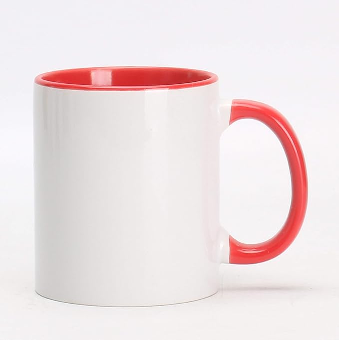 11oz White Ceramic Sublimation Coffee Mug With Solid Colors Inside and Handle, Mixed 6 colors of Black, Red, Blue, Yellow, Green and Pink, Case of 12