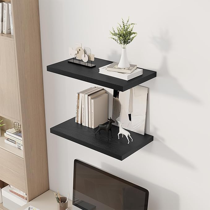 Dreamland 24" Floating Shelves for Wall, 12" Deep Slim Black Floating Shelves, Wall-Mounted Shelves for Bedroom, Living Room, Kitchen, Bathroom - Set of 2