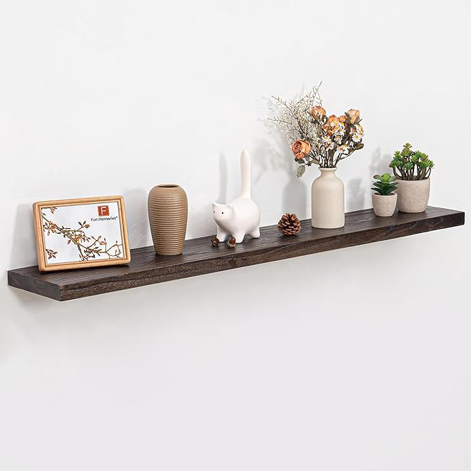 Fun Memories 48" Floating Shelves for Wall, Rustic Solid Elm Wood Floating Shelves - Invisible Bracket Mount, Extra Long Wall Mounted Shelf for Living Room, Bathroom, Bedroom, Kitchen, Walnut