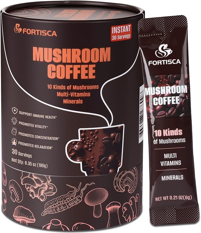 10 in 1 Mushrooms Coffee(Lion's Mane, Cordyceps, Turkey Tail & Other) Ashwagandha Magnesium Multivitamins, 2000mg Mushroom Instant Coffee Powder for Energy, Digestion, Immune Support, 30 Servings