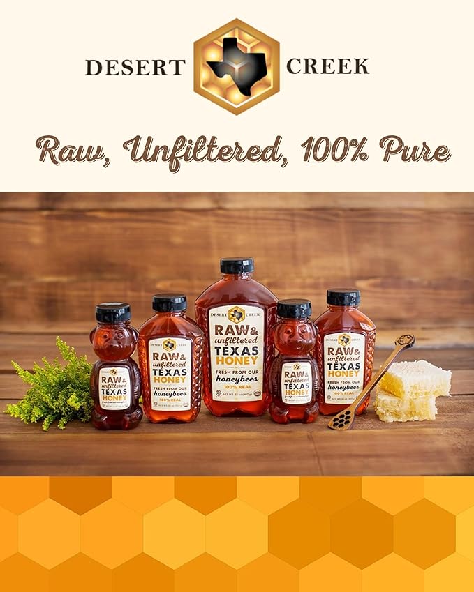 Desert Creek Honey - 100% Unfiltered, Pure, Raw Honey from Texas - Natural Sugar Substitute - One Pound of Unprocessed, Unpasteurized American Honey - Harvested by Our Own Beekeepers