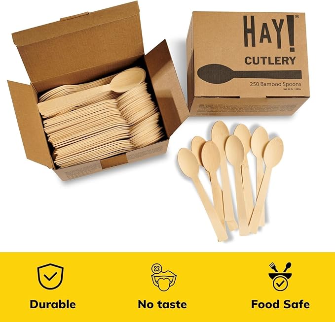 HAY! Bamboo Spoons | 250 ct Unwrapped Spoons | Biodegradable Utensils | Compostable & Plastic-Free | Heavy-duty Spoons | For To-Go Meals or Events | wooden Spoons