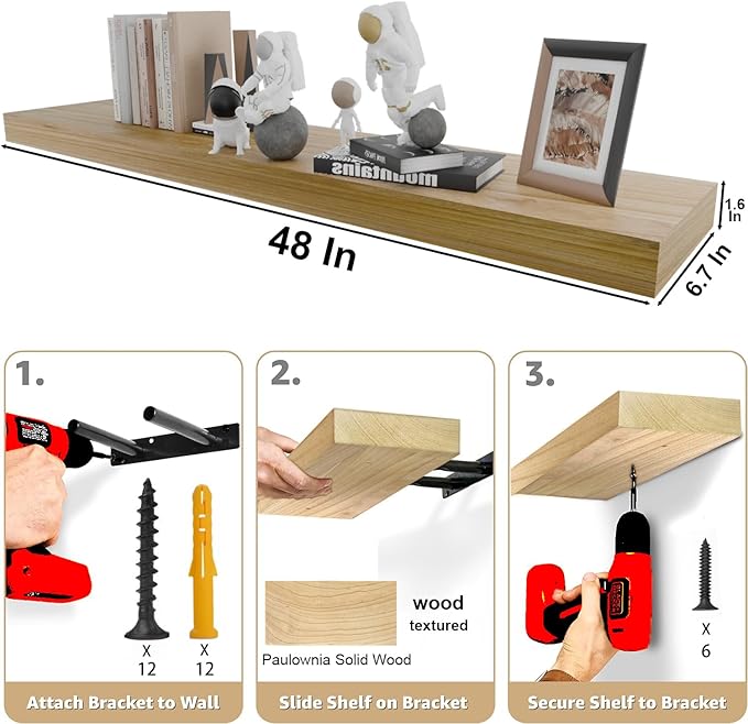IAE Floating Wall Shelves 55 inch,Bathroom Shelf Wall Mounted,Invisible Shelf Floating Kitchen Shelves,Wooden Wall Shelving with Brackets for Living Room Wall Mounted,Easy Install,Set of 2,Natural